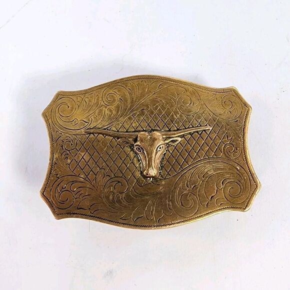 Vintage Western Longhorn Steer Brass Buckle For Skull Justin Boot Texas Bright - Picture 1 of 9